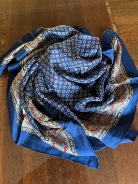 Blue Paisley Silk Scarf with Red and Cream Accents 29“ x 29“